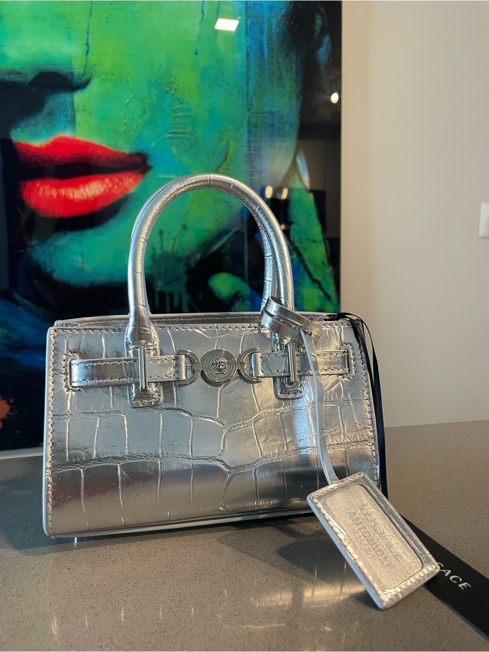 Versace Silver Croc-Embossed Mini Tote with Detachable Strap - Picture 4 of 16